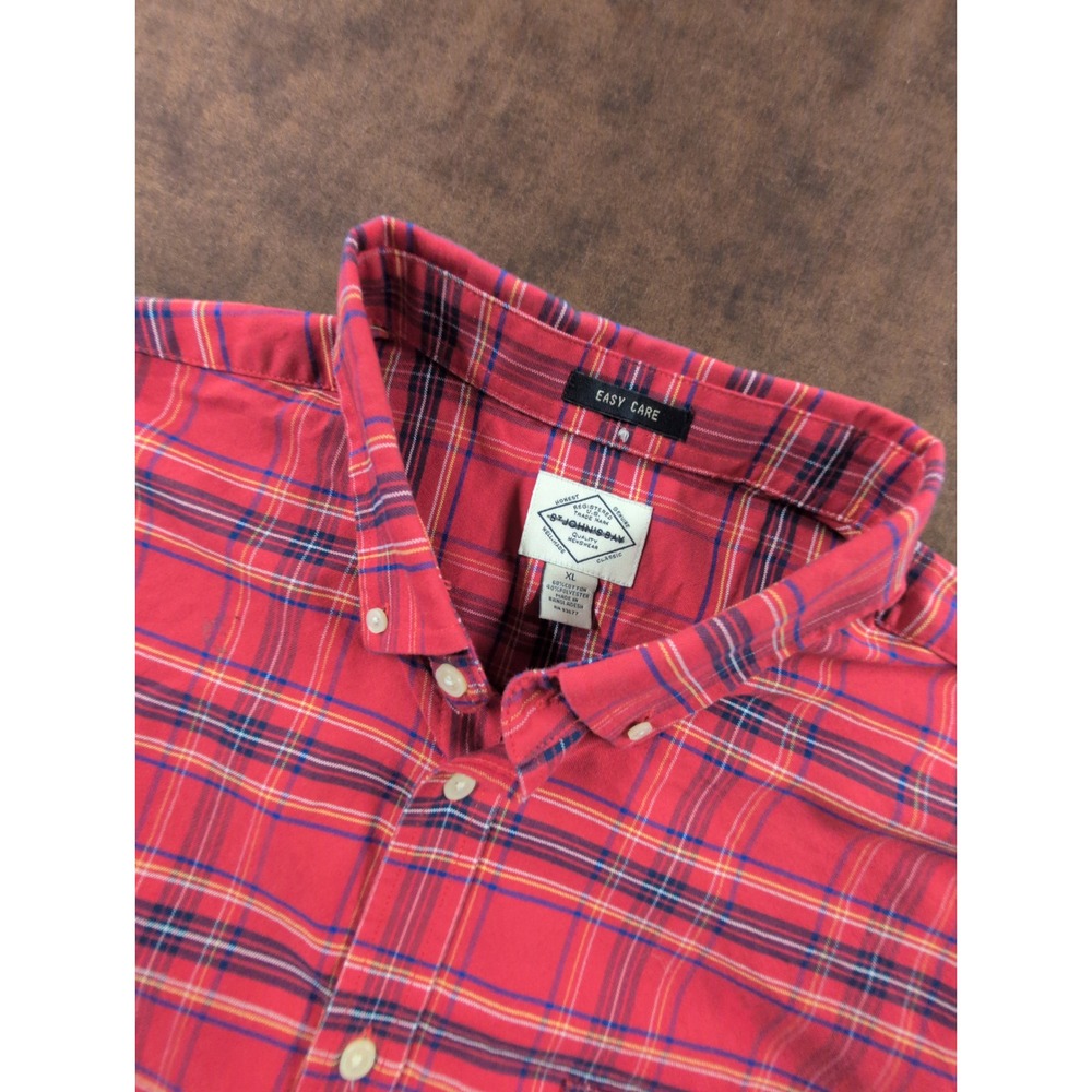 St Johns Bay Mens Plaid Long Sleeve Button‎ Down Shirt Red Blue XL Easy Care